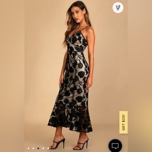 Lulus Dress. Alluring Dream Black Floral Dress Mesh Lace Trumpet Midi Dress.